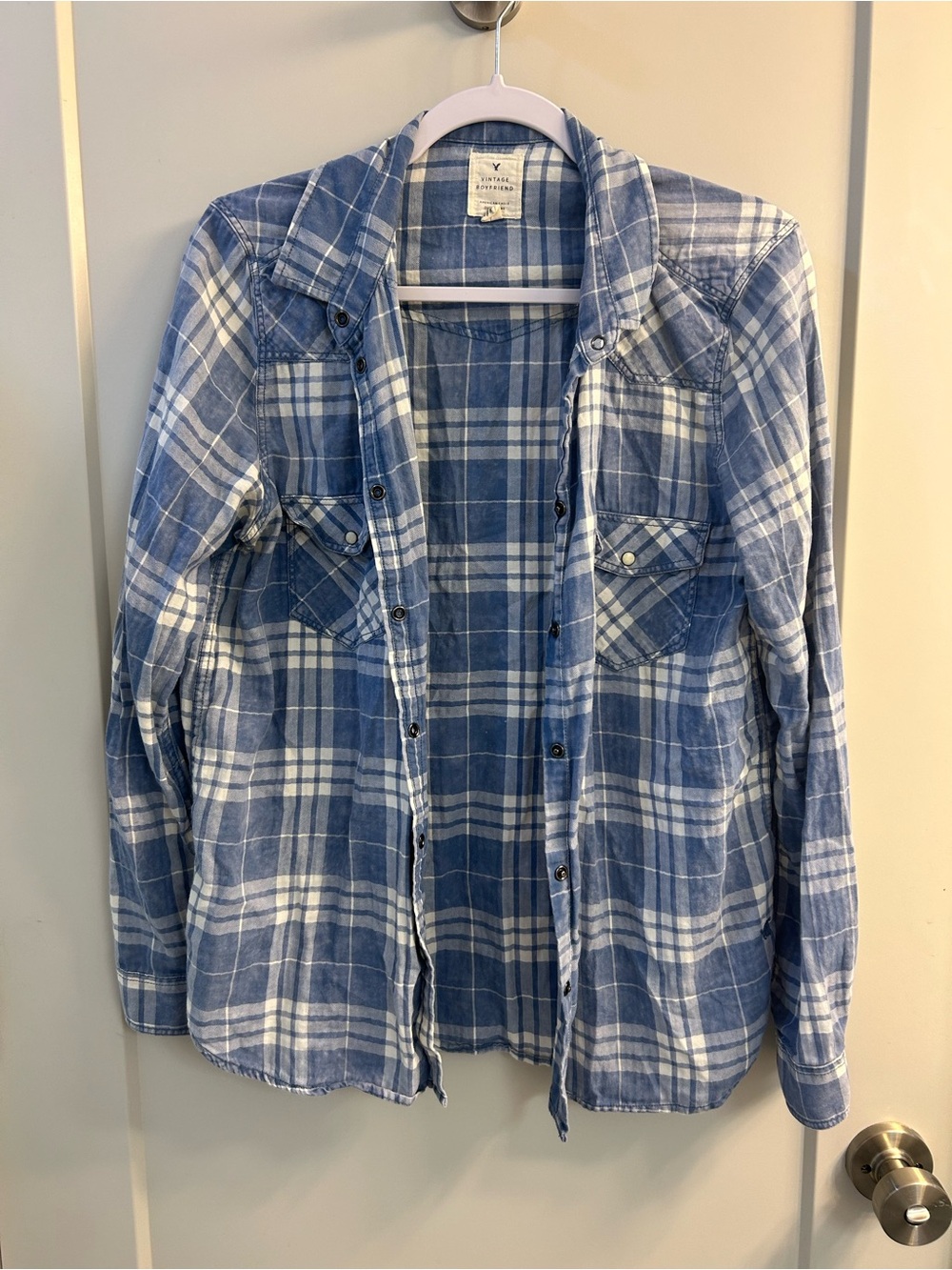 American Eagle Outfitters Blue and White Plaid Button-Down Shirt